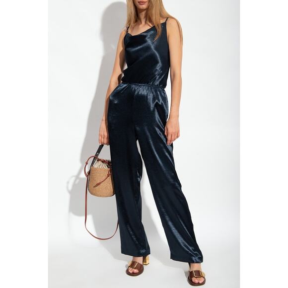 NWT Samsoe & Samsoe Fredericka Jumpsuit Navy Blue Satin Size Medium Cowl Neck - Picture 3 of 16
